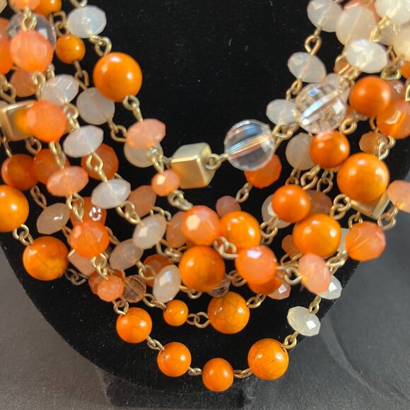 Multi-Strand 22" Bib Necklace Gold-tone Chain 8 Strand Coral Color - Picture 3 of 4